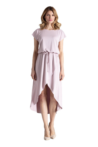 Sukienka Midi - Asymetryczna Wiązana W Pasie - różowa